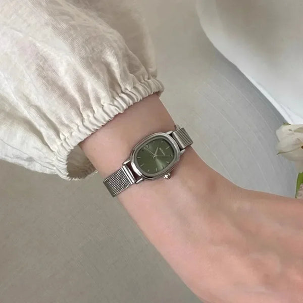Small Oval Dial Green Watch Simple Stainless Steel Ladies Wristwatches